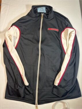Vintage Prada Black Track Jacket with White Sleeves and Red Piping